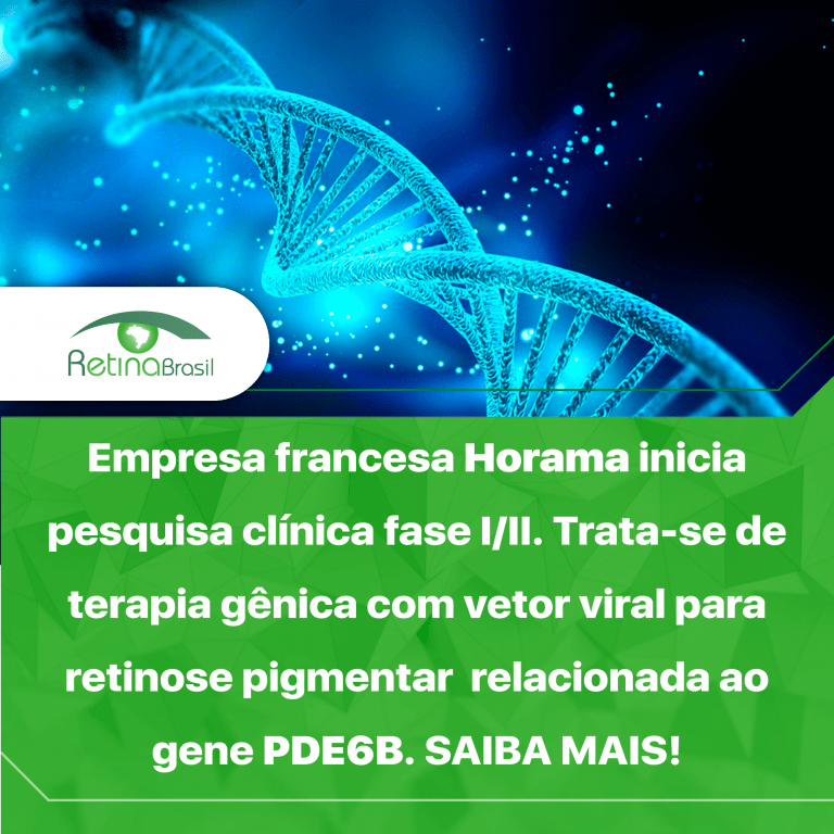 Imagem com os dizeres: "Empresa francesa Horama inicia pesquisa clínica fase I/II. Trata-se de terapia gênica com vetor viral para retinose pigmentar relacionada ao gene PDE6B. SAIBA MAIS!". A imagem está dividida ao meio horizontalmente, os dizeres estão na metade inferior em letras brancas sobre fundo verde claro. Na metade superior ha uma representação de uma parte de um filamento de DNA em espiral, essa imagem está em tons azulados. A Logo da Retina Brasil está ao lado esquerdo.