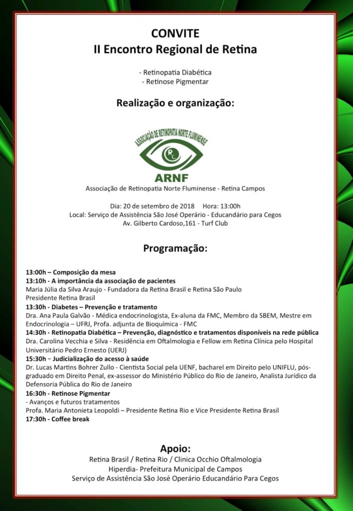 imagem de divulgação com os dizeres acima e a Logo da Associação Retinopatia Norte Fluminense - ARNF