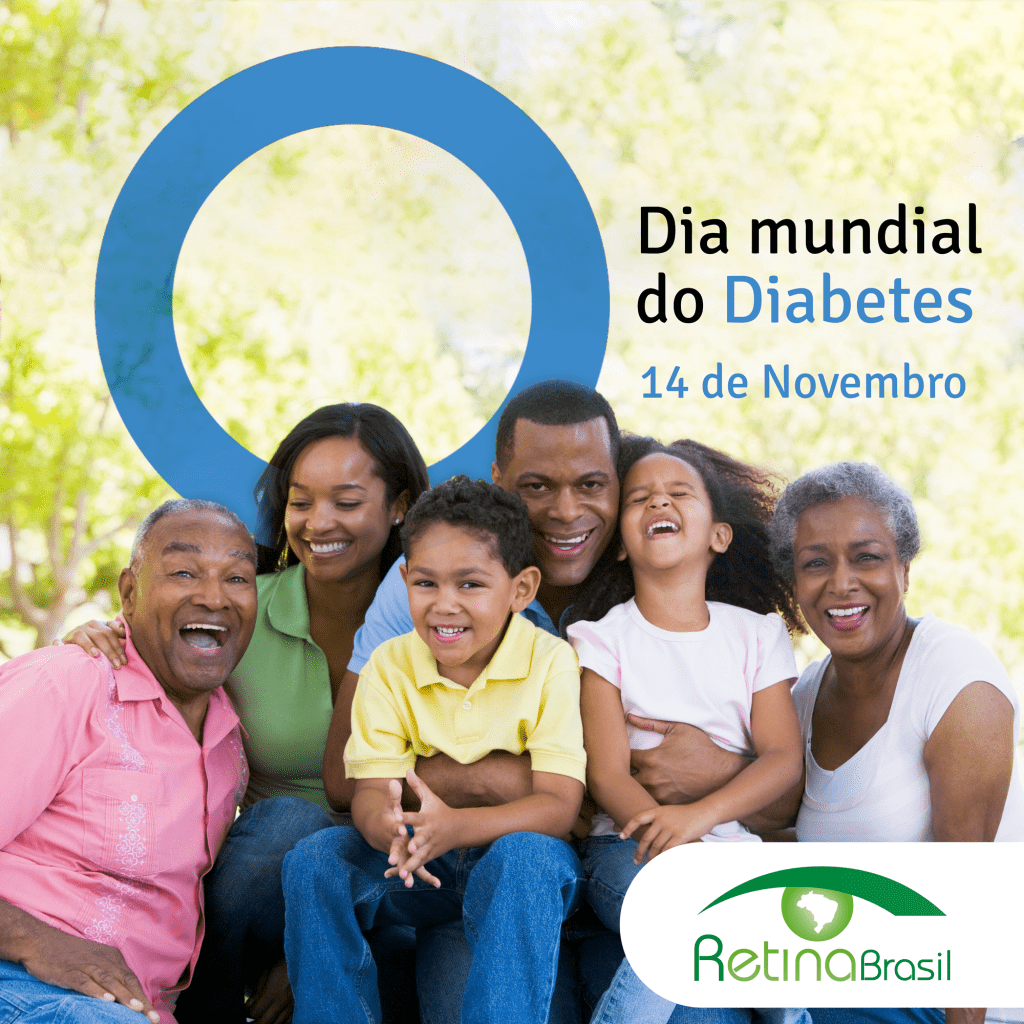 Imagem de uma família grande sorrindo. Há seis pessoas na imagem, sendo duas crianças e quatro adultos. Há o círculo azul, que se refere à Campanha do Dia Mundial da Diabetes e está escrito: Dia mundial do Diabetes, 14 de novembro. Há a logo da Retina Brasil
