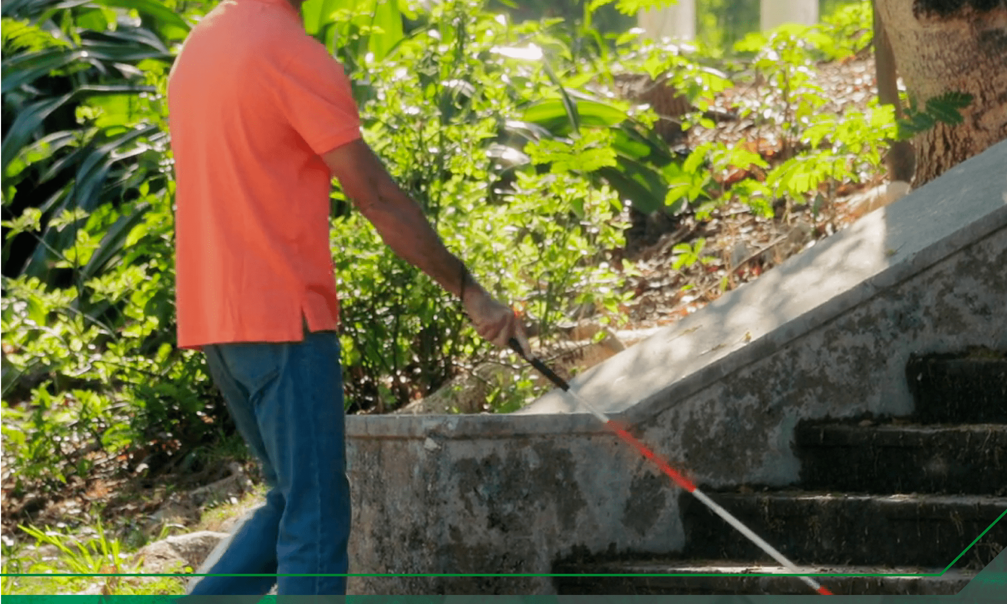 Imagem de um homem caminhando com uma bengala. Ele usa camisa laranja e boné branco, ele está indo em direção a uma escada e no fundo há muitas plantas verdes. Na parte inferior está escrito: "13 de Dezembro Dia Nacional do Cego" e há a logo da Retina Brasil