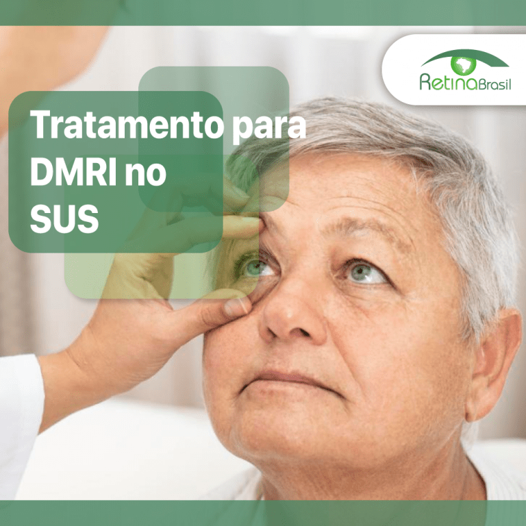 Imagem ilustrativa. Vê-se um homem idoso tendo um dos olhos examinado por um médico. Apenas a mão do médico está visível. Está escrito: "Tratamento para DRMI no SUS" e há a Logo da Retina Brasil