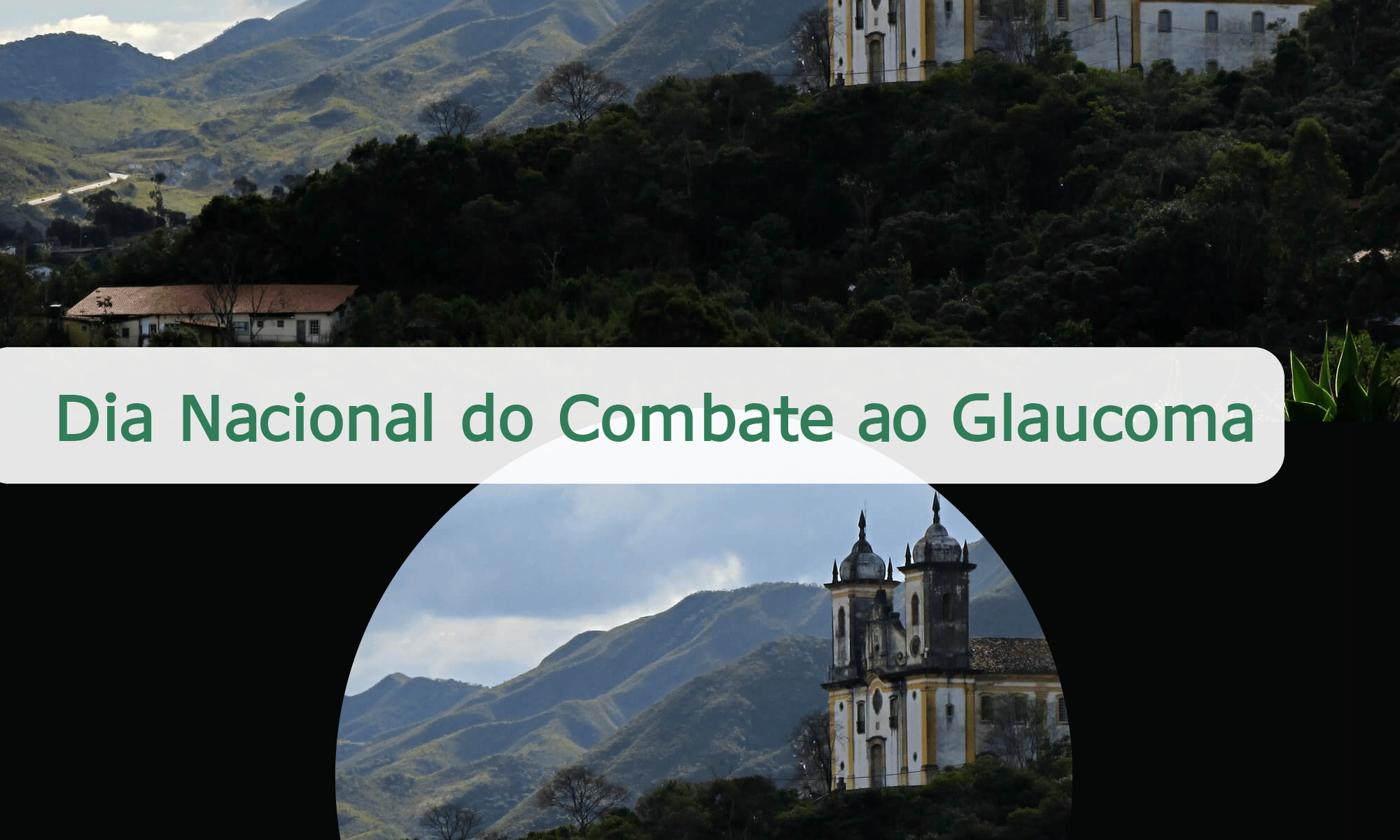 #PraCegoVer imagem ilustrativa. NA imagem há duas fotografia iguais, uma na parte superior e outra na parte inferior. A fotografia na parte ifnerior está com toda a perifieria escurecida, simulando uma perda de Campo Visual típica do Glaucoma. Está escrito "Dia Nacional do Combate ao Glaucoma" e há as logos da Retian Brasil e na Novartis.