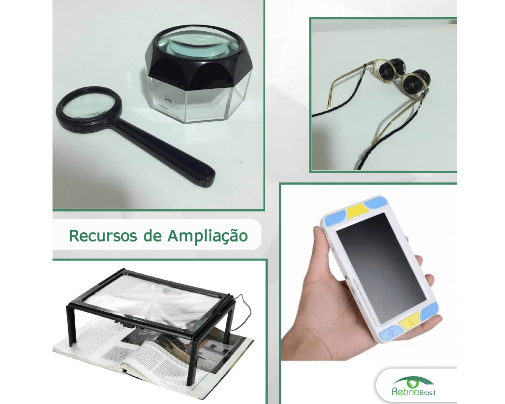 #PraCegoVer imagem ilustrativa. Na imagem há modelos de lupa de mão, de telelupa, lupa de página inteira e lupa eletrônica. Está escrito: "Recursos de Ampliação" e há a logo da Retina Brasil.
