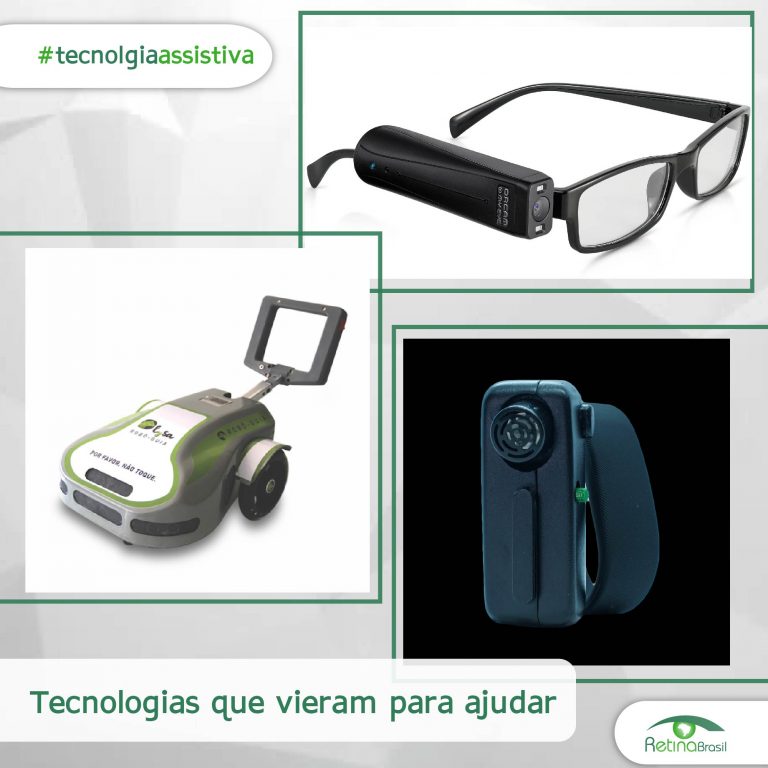 #Descriçãodaimagem imagem ilustrativa. A imagem mostra os três dispositivos citados no texto: Orcam, Vibeye e Lysa. Está escrito: "Tecnologias que vieram para ajudar" há uma #tecnologiaassistiva e a logo da Retina Brasil.