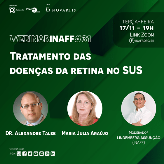 imagem de fundo verde escuro com as informações sobre o webinar e as fotos dos participantes.