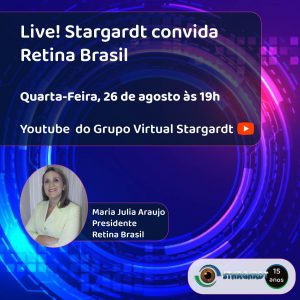 imagem com fundo azul escuro e tons em rosa em estilo tecnológico. Há uma foto de Maria Julia Araujo. Essa é a imagem de capa da live que a presidente da Retina brasil partiicipou e contou sobre a história da associação.