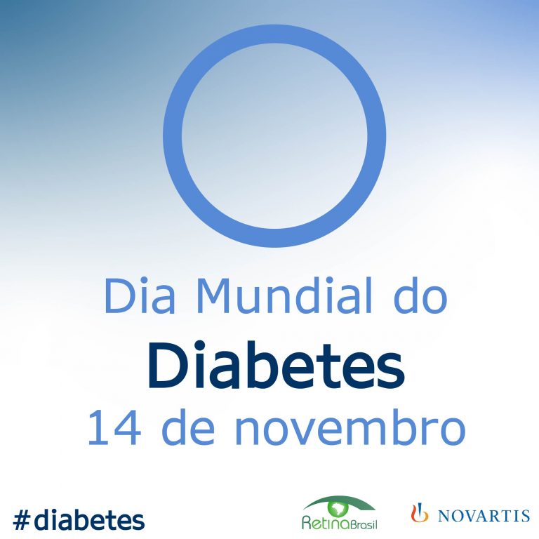 imagem de fundo azul claro e branco. Há um círuclo azul claro, símbolo do novembro azul do Diabetes e está escrito Dia Mundial do Diabetes 14 de novembro. Há as logos da retina brasil e na novartis