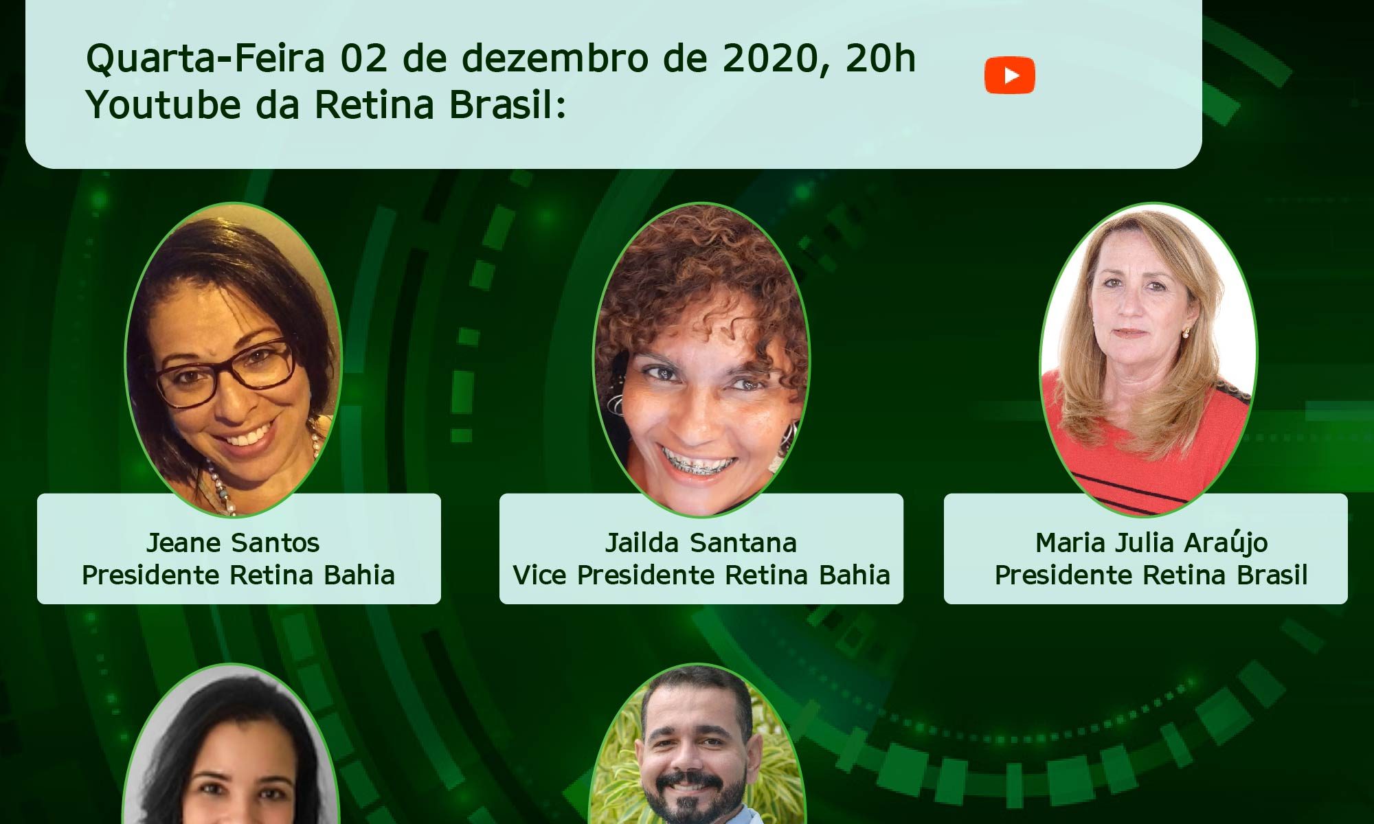 #DescriçãoDaImagem imagem tem fundo verde escuro. Estão escritas as informações sobre a live e há fotos dos participantes.