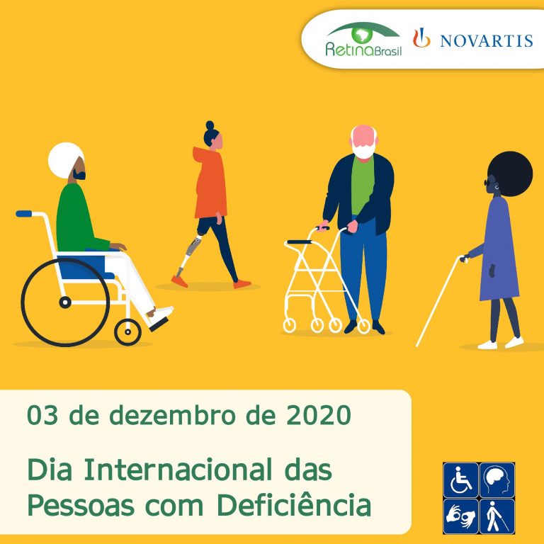 #DescriçãoDaImagem imagem de fundo amarelo com desenhos de quatro pessoas com deficiência. Está escrito 03 de de dezembro de 2020 Dia Internacional das Pessoas com Deficiência e há as logos da Retina Brasil e da Novartis
