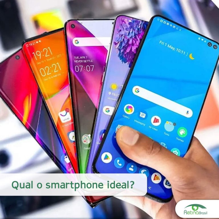 #DescriçãoDaImagem: Imagem Ilustrativa. Na imagem aparece uma mão segurando 05 smartphones com telas coloridas. O título da imagem é "Qual o smartphone ideal?" e a logo da Retina Brasil está no canto inferior direito.