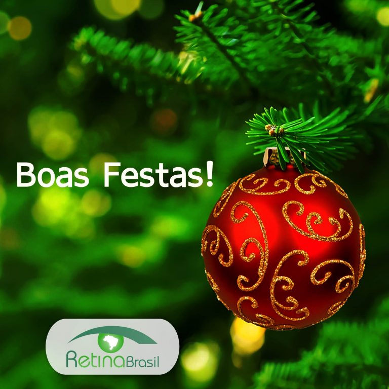 imagem em tom verde com uma grande bola vermelha de Natal. Está escrito "Boas Festas" e há a logo da Retina Brasil.
