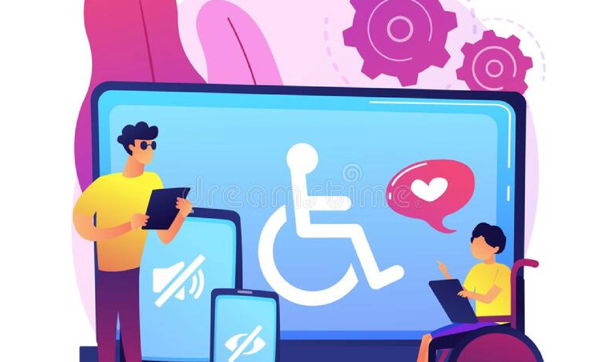 ilustração de pesoas com deficiência usando dipositivos de tecnologia