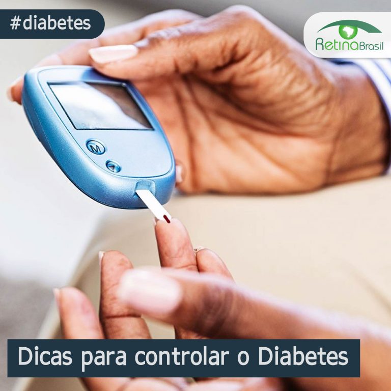 imagem de uma pessoa medindo a glicemia. Está escrito: "Dicas para controlar o Diabetes" #diabetes e há a logo da Retina Brasil
