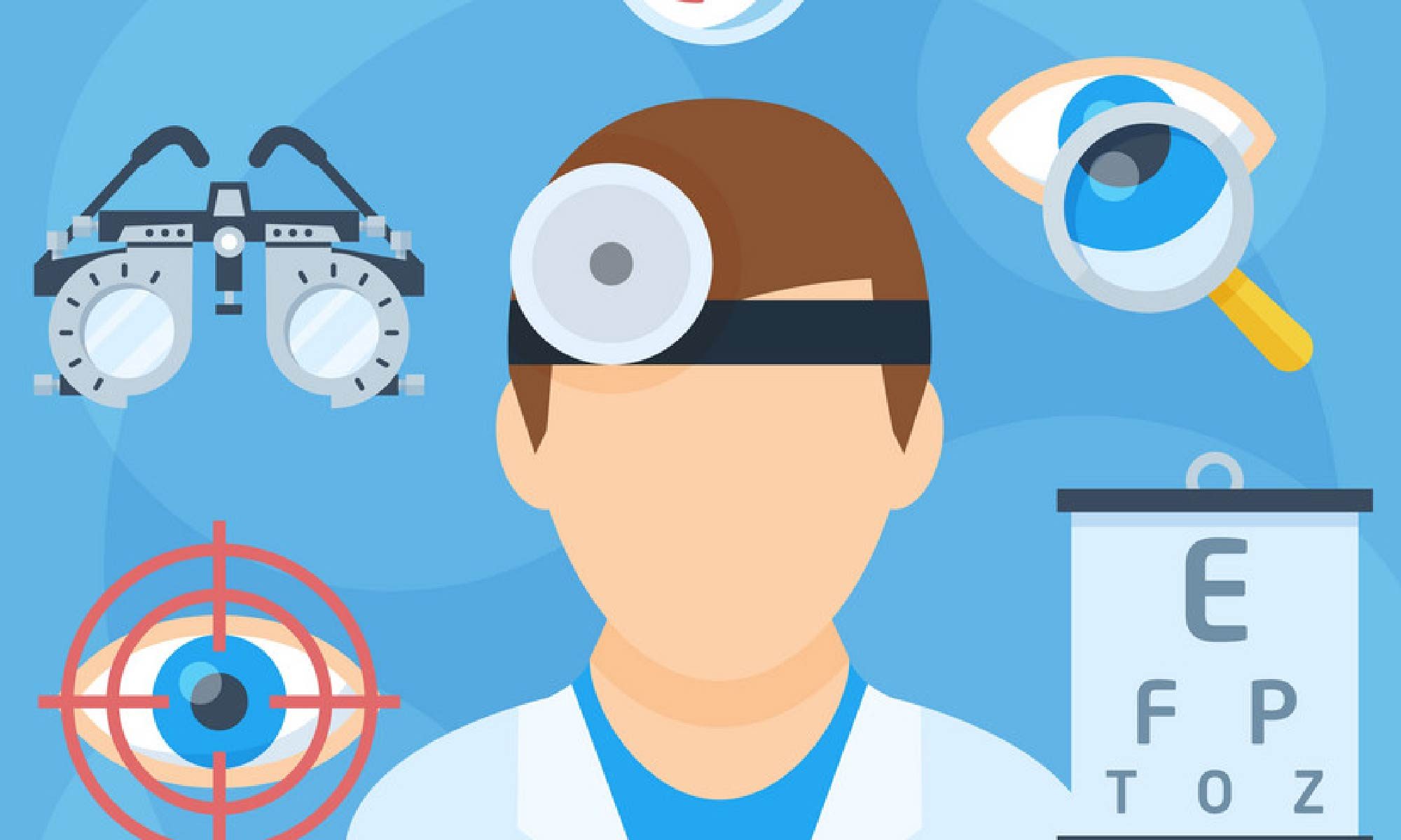 Ilustração. Há um oftalmologista no centro e ao redor dele há desenhos de olhos, tabela de snelen e coisa afins. Está escrito: "07 de maio Dia Nacional do Oftalmologista" há as logos da Retina Brasil e da Novartis