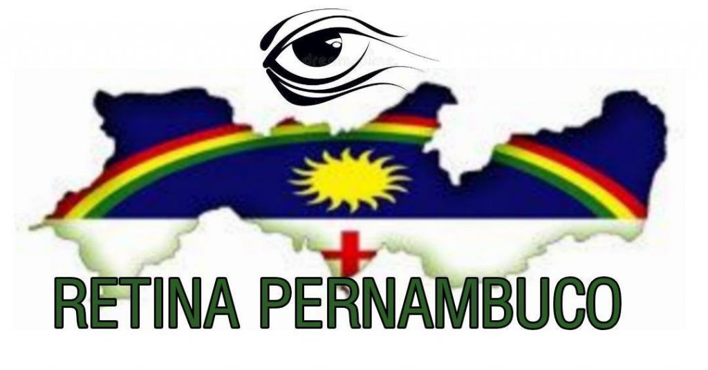 mapa do estado de Pernambuco preenchido com a bandeira do estado. Na parte superior há a ilustração de um olho e na parte inferior está escrito Retina Pernambuco