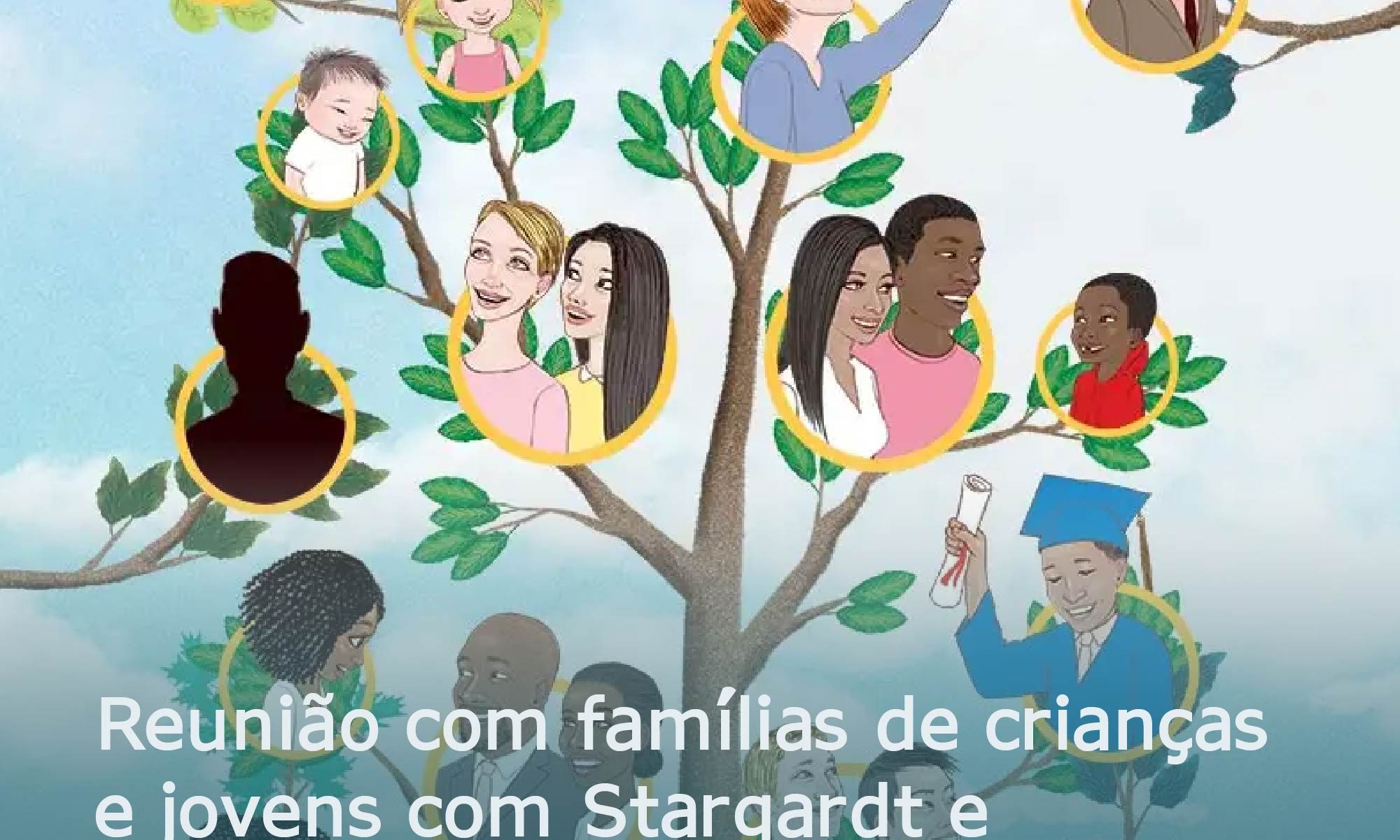 ilustração de uma árvore com várias pessoas nos galhos. Estão escritas as informações sobre a reunião.