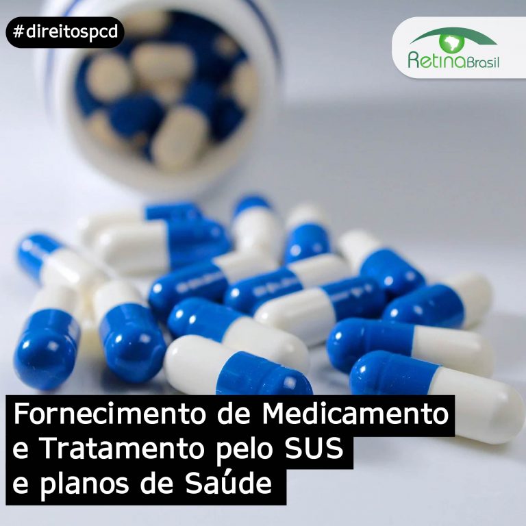 imagem de vários comprimidos em tons branco e azul. Está escrito: "Fornecimento de Medicamento e Tratamento pelo SUS e planos de Saúde" e #direitospcd há ainda a logo da Retina Brasil