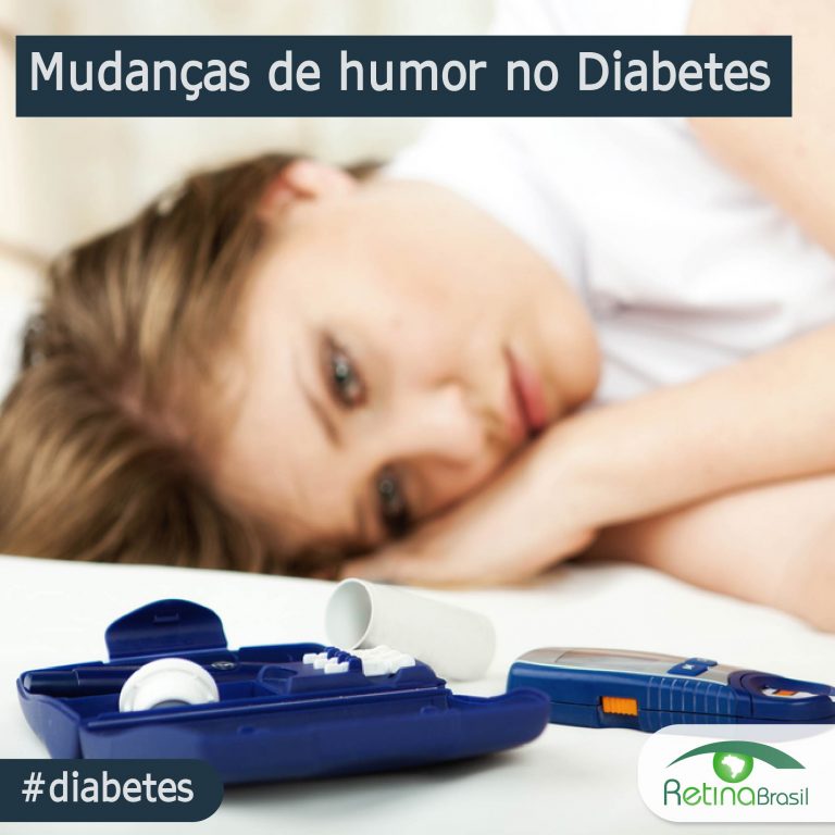 imagem de uma mulher deitada de lado com semblante sereno e um medidor de glicemia. Está escrito: "Mudança de humor no Diabetes" #diabetes e há a logo da Retina Brasil