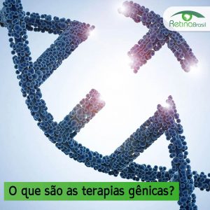 imagem de um filamento de DNA com corte em um segmento. Está escrito: "O que são terapias gênicas?:" e há a logo da Retina Brasiil