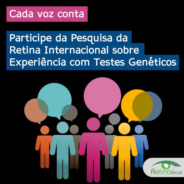 imagem de fundo preto com desenhos de bonecos de pessoas com balões. Está escrito: "Cada voz conta - Participe da Pesquisa da Retina Internacional sobre Experiência com Testes Genéticos" e há a logo da Retina Brasil