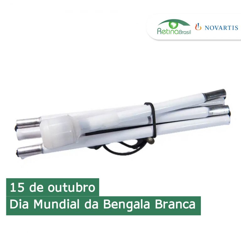 foto de uma bengala branca dobrada. Está escrito: " 15 de Outubro Dia Mundial da Bengala Branca 2021" e há as logos da Retina Brasil e da Novartis