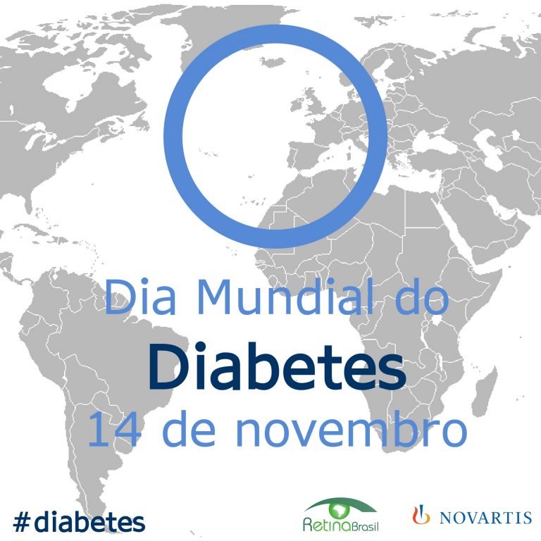 no fundo há m mapa mundi de mercator em tons branco e cinza. Há o círculo azul do Diabetes e está escrito: "14 de novembro Dia Mundial do Diabetes" há ainda as logos da Retina Brasil e da Novarits