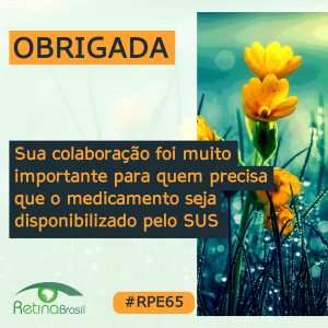 Ao fundo aparece uma foto de uma flor. O texto no topo diz: OBRIGADA!. No centro, alinhado à esquerda o texto diz: Sua colaboração foi muito importante para aqueles que necessitam que o tratamento seja disponibilizado pelo SUS. No canto inferior esquerdo há a logo da Retina Brasil e no centro a #RPE65.