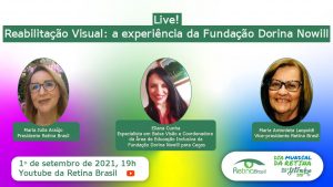 imagem tem fundo em tons rosa, amarelo, verde e azul. Estão escritas as informações sobre a live, há uma foto de cada um dos participantes e as logos da Retina Brasil e do Dia Mundial da Retina 2021.