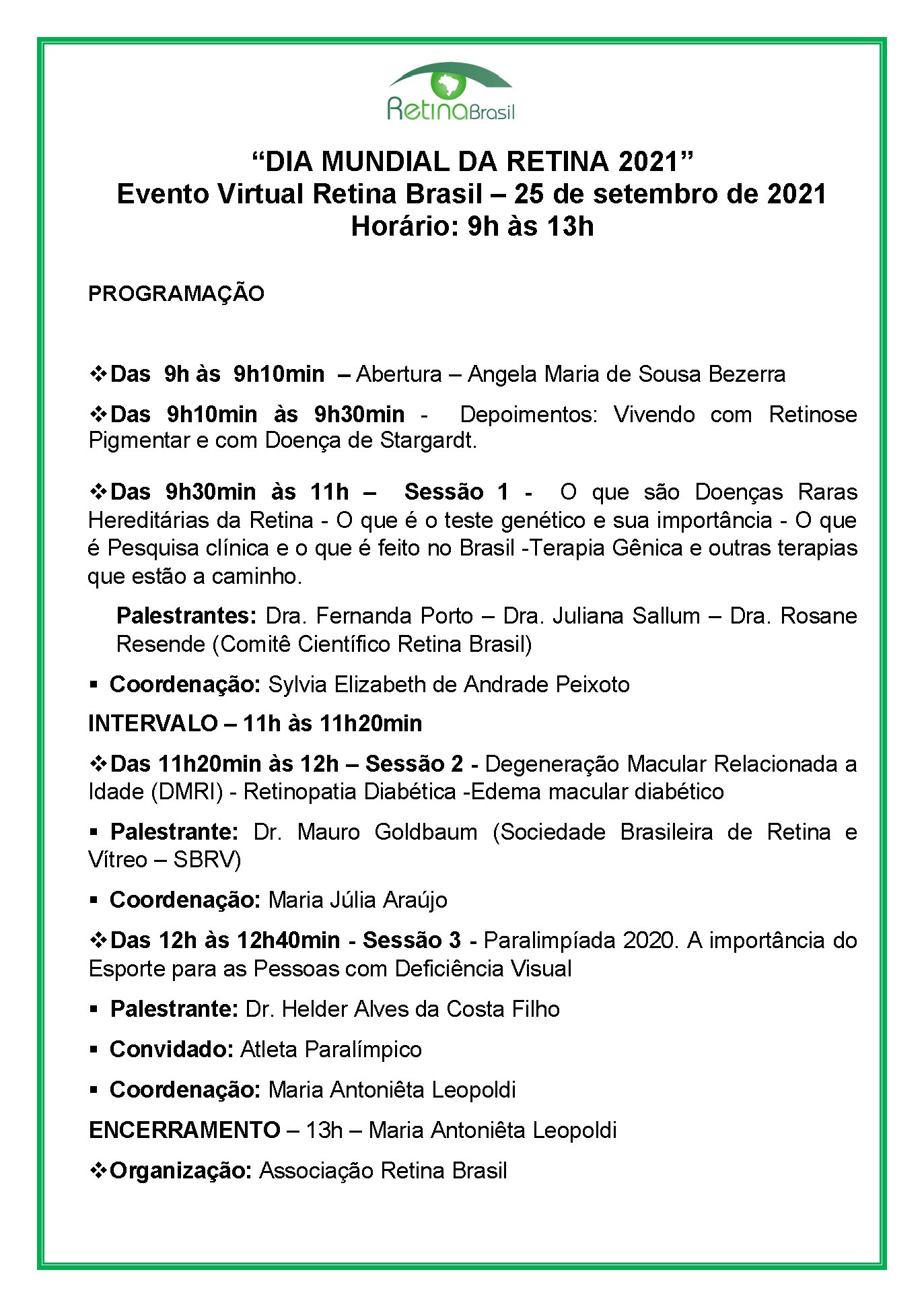 programação para o dia mundial da Retina
