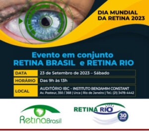 CARD PRETO COM UM DETALHE EM ONDA NA COR LARANJA DIVIDINDO O CARD. Acima há a foto de um olho azul com um alvo verde em sua pupila. Ao lado, dentro do laranja, está escrito: Dia Mundial da Retina 2023. Na parte preta estão os dados do evento: Evento em conjunto: Retina Brasil e Retina Rio. Dia 23 de setembro de 2023, das 09 às 13h, local. auditório do IBC Rio. No cabeçalho, os logos da Retina Brasil e Retina Rio em um retângulo branco. Fim da descrição.